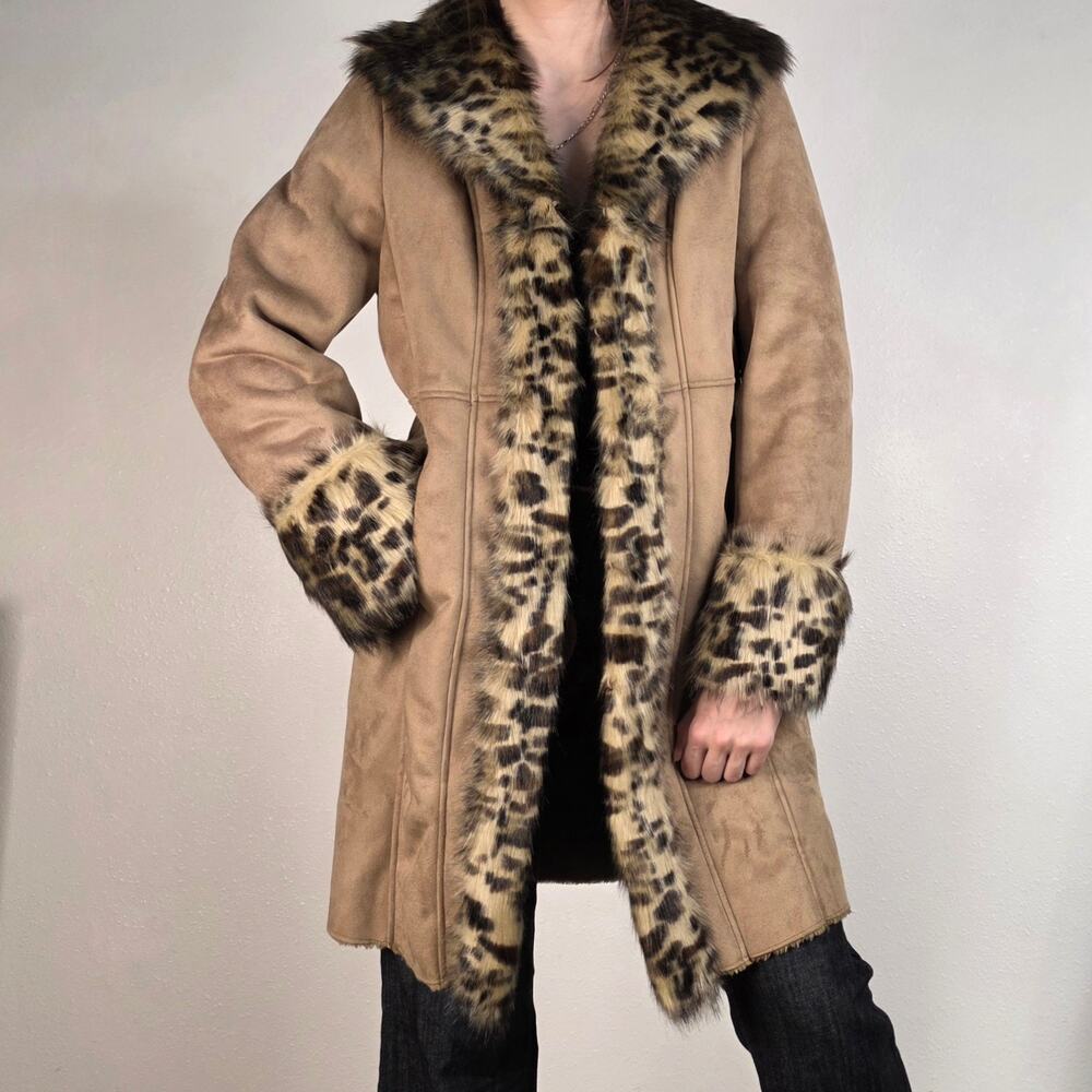 Penny Lane Coat Tan Faux Suede Leopard Faux Fur Jacket Size XS